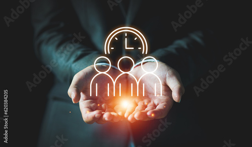 Businessman hand showing time management icon, Self organization, productivity and motivation, Efficiency business strategy and goals concept
