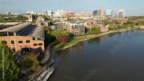 cinematic afternoon drone flyover from Christina River to Wilmington Delaware skyline photo