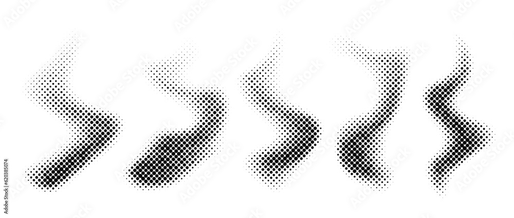 Halftone smoke texture collection. Black and white dotted fog background set. Comic style fume cloud design element. Monochrome pixelated grunge shapes. Vector 