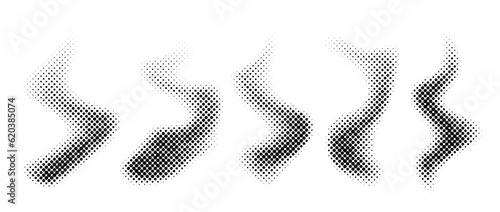 Halftone smoke texture collection. Black and white dotted fog background set. Comic style fume cloud design element. Monochrome pixelated grunge shapes. Vector 