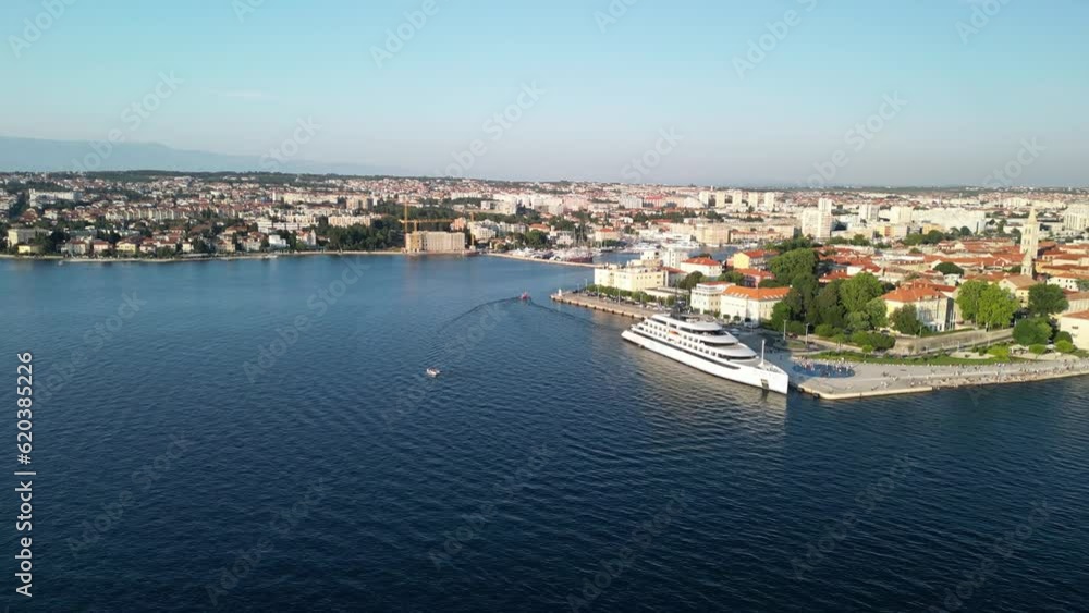 Zadar is popular cruise destination. Aerial wide panorama with the installation Greetings to the sun and the Sea organ. Croatia summer sunset time Zadar is popular cruise destination. Aerial wide panorama with the installation Greetings to the sun and the Sea organ. Croatia summer sunset time