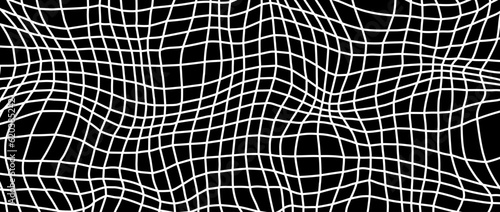 Distorted outline wireframe background. Abstract wavy flowing chessboard wallpaper. Warped curved grid surface pattern. White on black geometric texture with optical illusion effect. Vector © vika_k