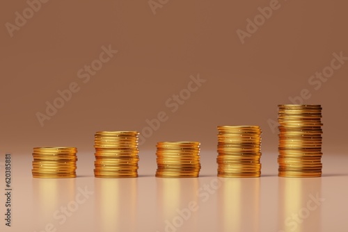 set of shinny gold coin stacking, with a pastel colour background, 3d render image