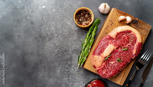 Beef steak, herbs and spices on a cutting board on a background of stone, top view copy space for your text