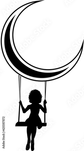 Curly haired girl on a swing on the moon