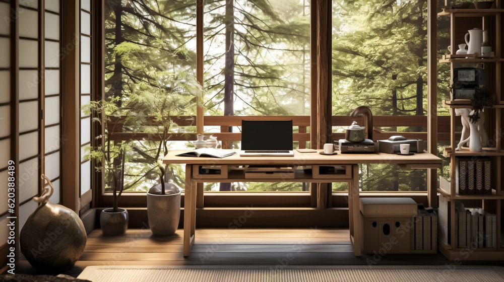 Japanese home office with a shoji screen desk. Interior design of office furnished with simple furniture in neutral colors, and plenty of natural light and a sense of focus - obrazy, fototapety, plakaty 