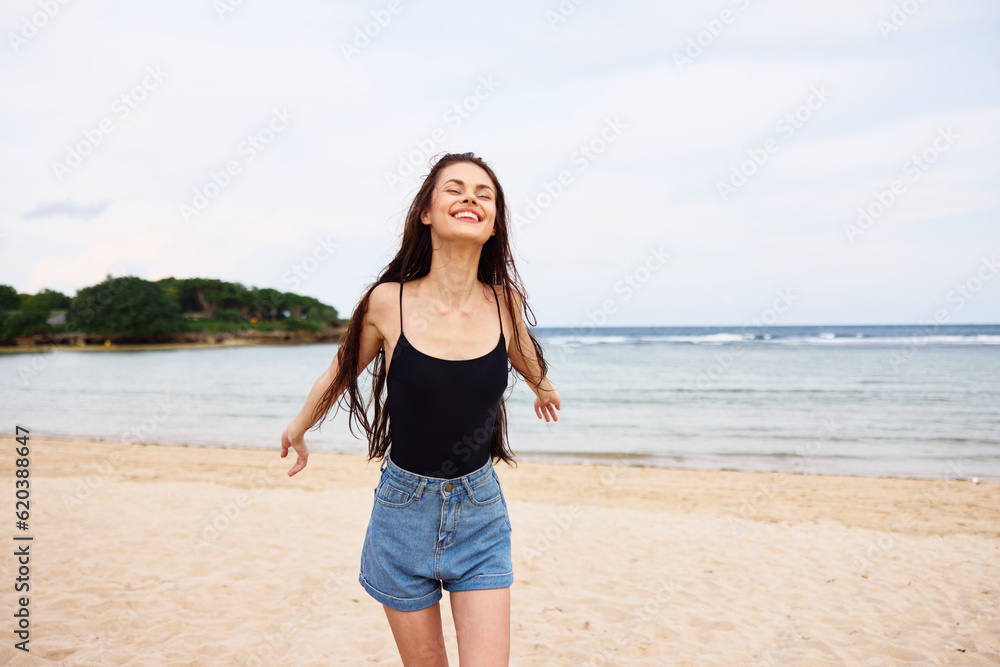 woman smile running lifestyle beach sunset summer travel young sea girl woman smile running lifestyle beach sunset summer travel young sea girl