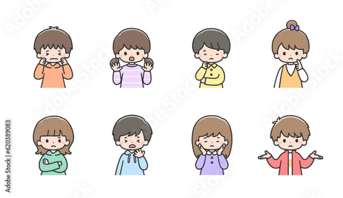 困った表情の子どもたちのイラストセット　上半身