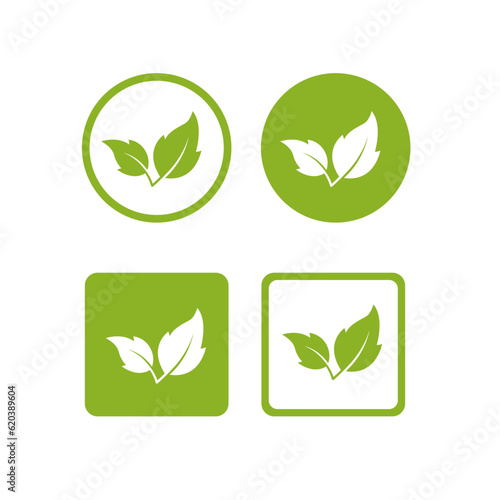 Organic icons with green leaves. Bio, organic 
