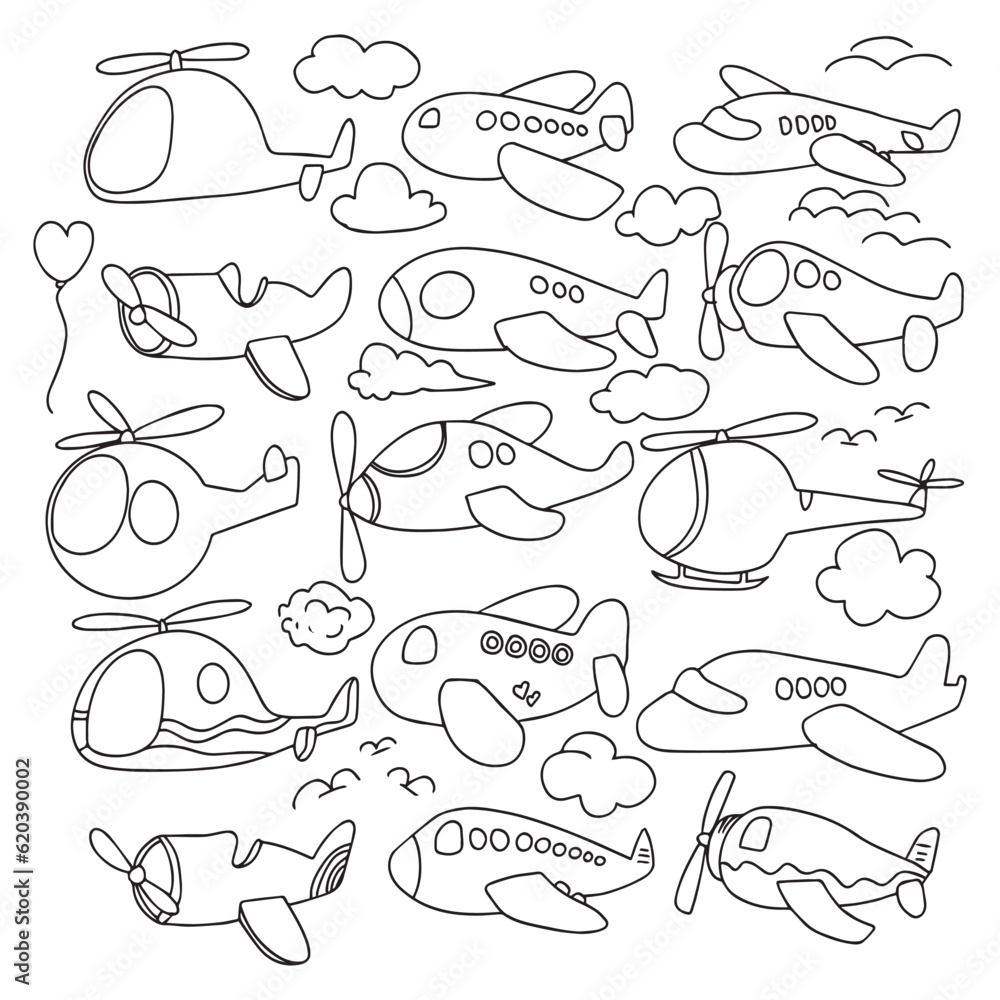 set of List of different airplane, aircraft, aeroplane, plane and aviation icons. Artwork show airliner, jet, light aircraft, cargo plane, airship, helicopter, space rocket, biplane, monoplane set of List of different airplane, aircraft, aeroplane, plane and aviation icons. Artwork show airliner, jet, light aircraft, cargo plane, airship, helicopter, space rocket, biplane, monoplane