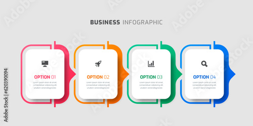 Business Infographic Template with Rounded Label, Thin Line, 4 Options and Icon for Presentation