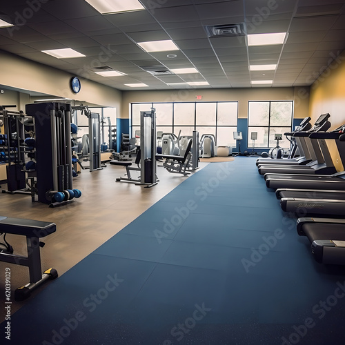 Modern gym interior with sports equipment, fitness equipment, fitness center interior, and workout gym in the gym.