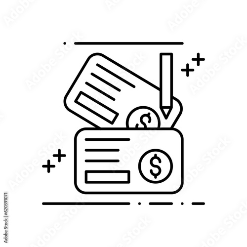 Cheque Payment Business and Finance icon with black outline style. banking, money, credit, pay, check, bill, transaction, transfer. Vector illustration