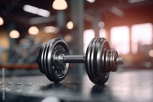 dumbbells on the floor in concept fitness room with blurred gym interior