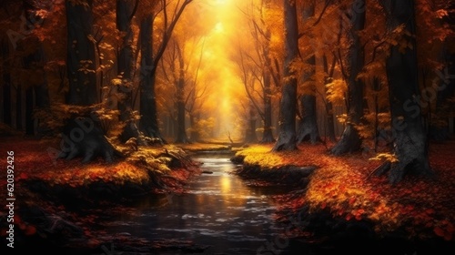 autumn forest tree  rays divine lights