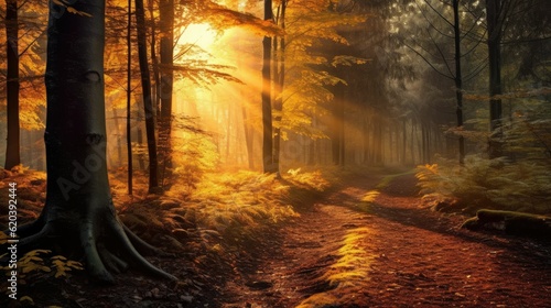 autumn forest tree, rays divine lights