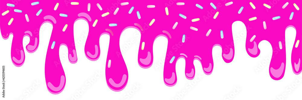 Pink soft ice cream, splashes of sweet candies, long border, seamless banner pattern, vector white background. Pink soft ice cream, splashes of sweet candies, long border, seamless banner pattern, vector white background.