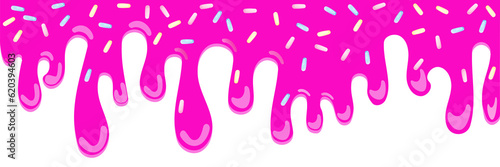 Pink soft ice cream, splashes of sweet candies, long border, seamless banner pattern, vector white background.	