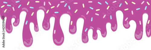 Pink soft ice cream, splashes of sweet candies, long border, seamless banner pattern, vector white background.	