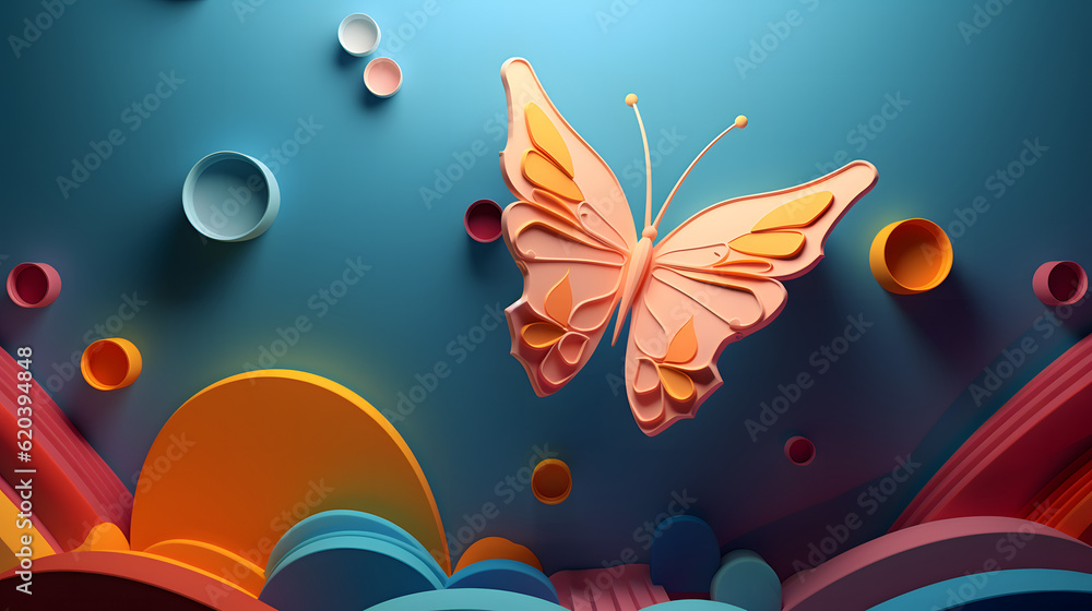 Yellow Butterfly on a Sky Blue Background, Generative AI