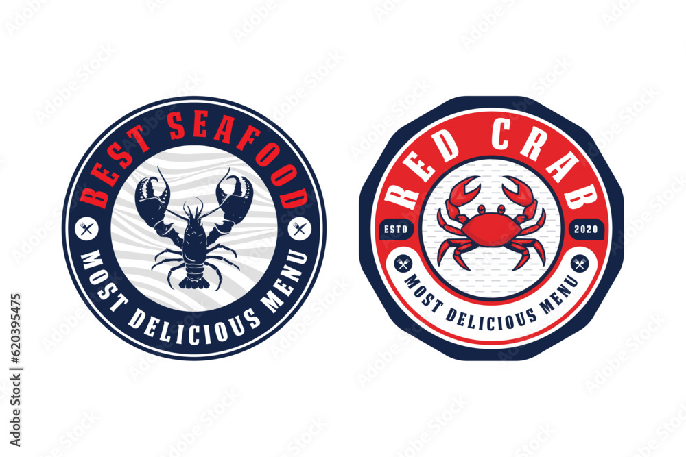 Sea Food Badge Logo Design. Red crab seafood Badge Logo design