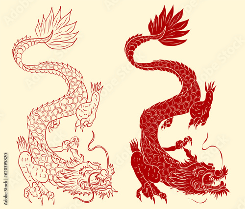 Japanese red dragon tattoo.Dragon on red background for Chinese New Year.Gold Chinese Dragon vector.Gold line art King Dragon tattoo.cartoon vector for t-shirt.