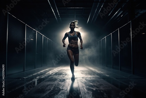 A strong athletic, woman sprinter, running on black background wearing in the sportswear, fitness and sport motivation. Runner concept, Generative AI. 