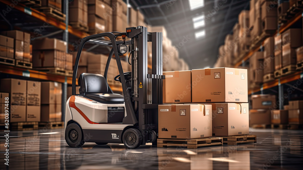 a forklift in a large warehouse with brown boxes. Generative AI