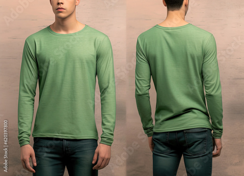 Man wearing a green T-shirt with long sleeves. Front and back view