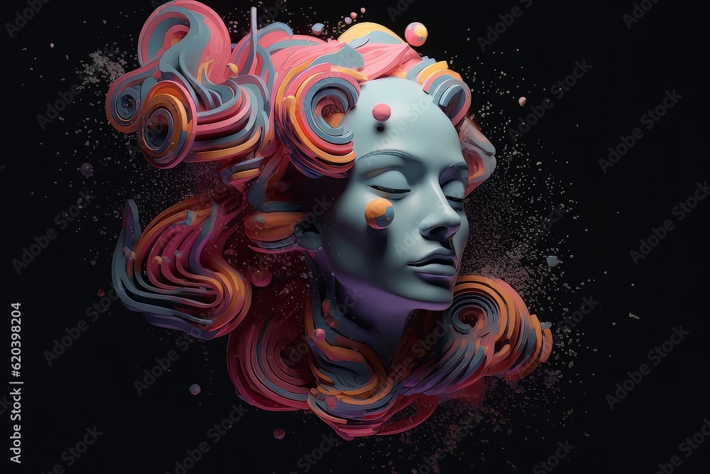 Abstract woman with pansexual hair color, cyberpunk lgbt doll AI
