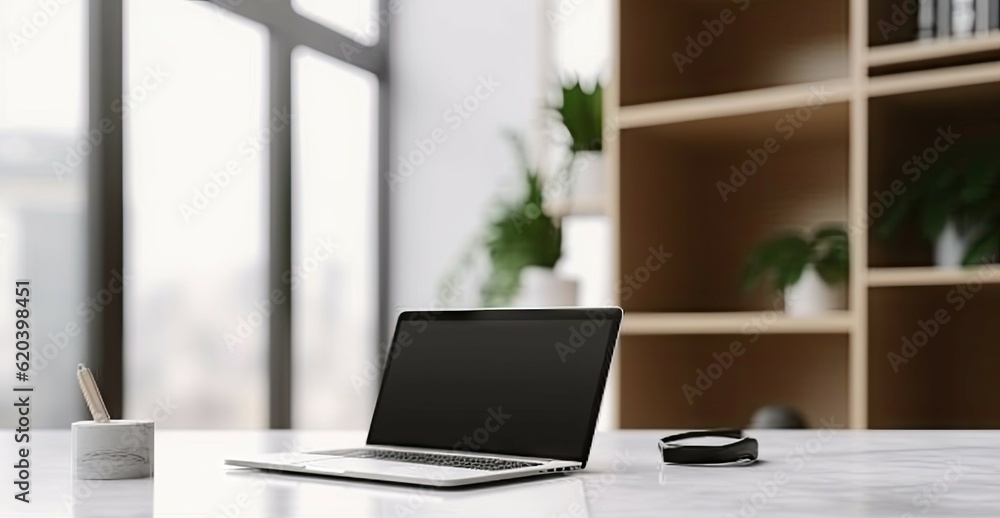 Fototapeta premium Modern Office Workspace with Laptop on Table for Business. Copy Space Available