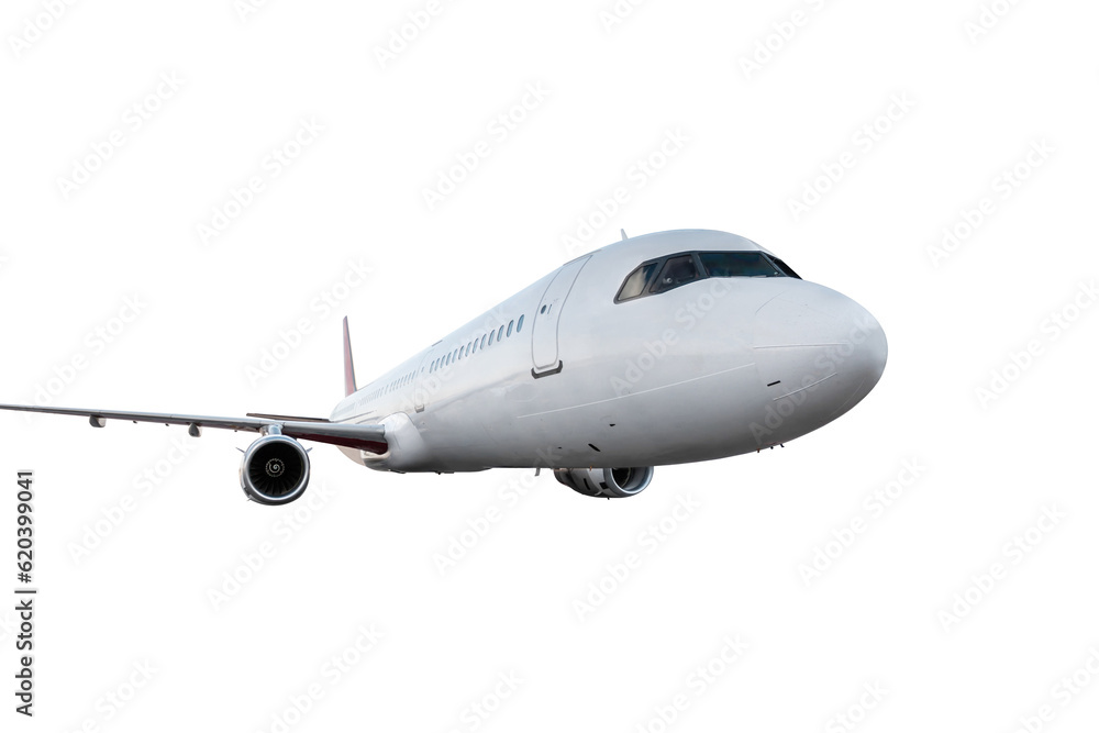 Fototapeta premium Close-up white passenger jetliner flies isolated
