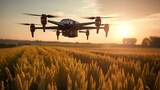 An advanced agricultural drone flies gracefully over a sprawling farm field, capturing imagery to enhance crop management. Generative AI