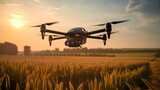 An advanced agricultural drone flies gracefully over a sprawling farm field, capturing imagery to enhance crop management. Generative AI