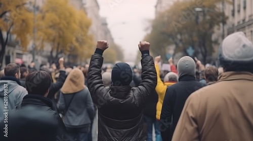 The Cry of Resistance: Workers Protest in the Street with Raised Fist