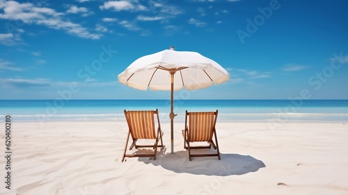 Beach chairs and an umbrella on a white sand beach