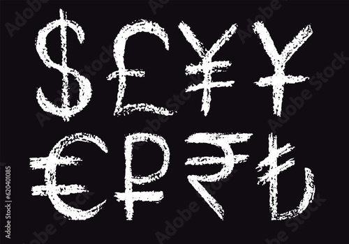 Money signs with brush stroke texture isolated on white background. Dollar, pound sterling, yen, yuan, ruble, turkish lira, indian rupee and euro dollar currency pictogram. Vector illustration. Set.