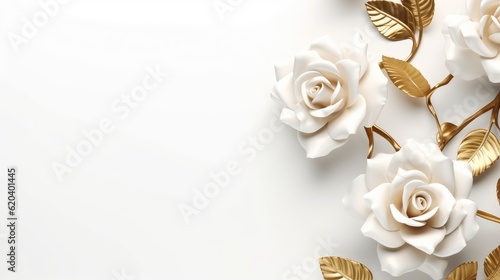 golden frame of roses on a white background with copy space for creative designs 