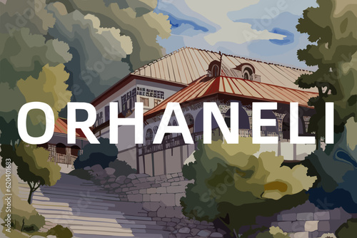 Beautiful watercolor painting of a Turkish scene with the name Orhaneli in Bursa