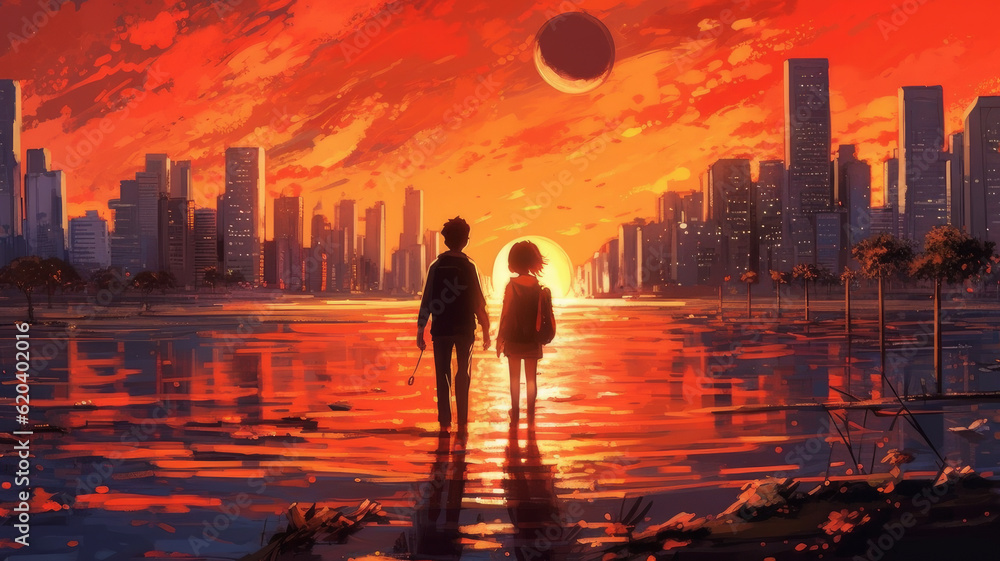 couple of lovers walk away in sunset city. couple of lovers walk away in sunset city.