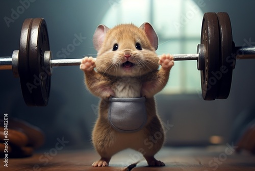 Cute Mouse Lifting Weights. Generative AI ©  Creative_studio
