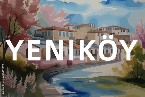 Beautiful watercolor painting of a Turkish village with the name Yeniköy in Balıkesir photo