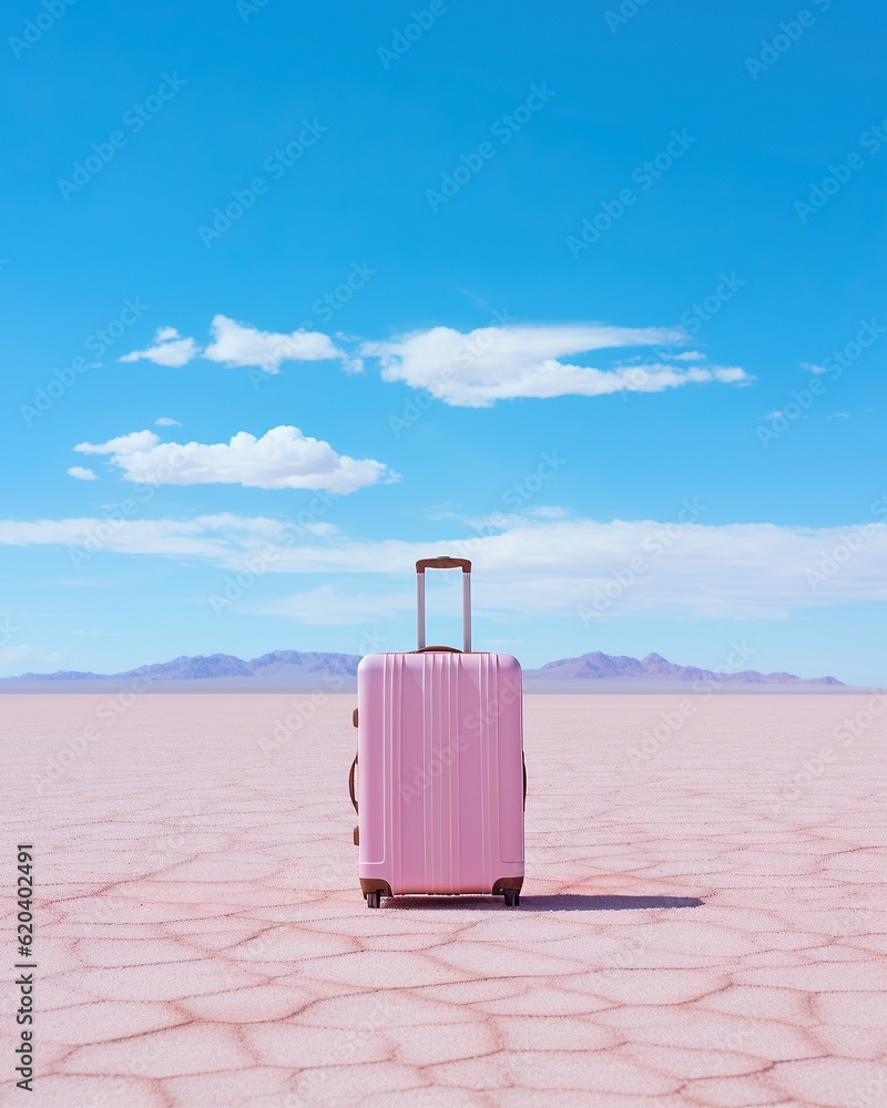 A pink suitcase, standing alone in the vastness of a flat desert, speaks to a longing for adventure and discovery, travel vacation relax concept A pink suitcase, standing alone in the vastness of a flat desert, speaks to a longing for adventure and discovery, travel vacation relax concept