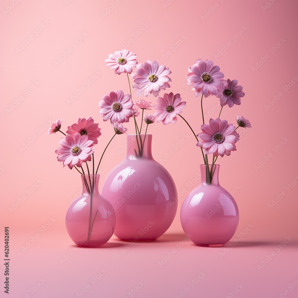 A vibrant display of joy and beauty, the lush bouquets of delicate pink blooms overflowing from the ornate vases evoke a sense of wonder A vibrant display of joy and beauty, the lush bouquets of delicate pink blooms overflowing from the ornate vases evoke a sense of wonder