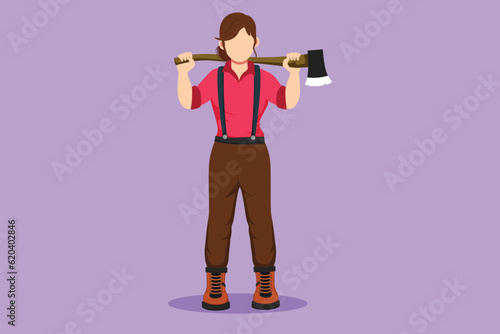 Character flat drawing pretty woman lumberjack in plaid shirt, jeans with belt, leather boots holding on her shoulder a ax with wooden handle. Strong girl with axe. Cartoon design vector illustration