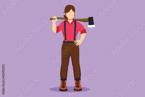 Character flat drawing pretty woman lumberjack pose on logging forest. Beautiful female lumberjack standing and holding on her shoulder a ax with long wooden handle. Cartoon design vector illustration