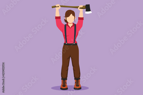 Character flat drawing cute woman lumberjack standing, lifting up axe with two hands. Wearing shirt, jeans, boot. Beautiful female woodcutter pose on logging forest. Cartoon design vector illustration