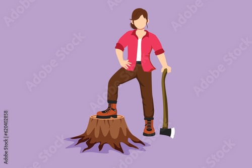 Character flat drawing strong beautiful woman lumberjack wearing plaid shirt, jeans, boots. Standing with ax and posing with one foot on a tree stump logo, symbol. Cartoon design vector illustration