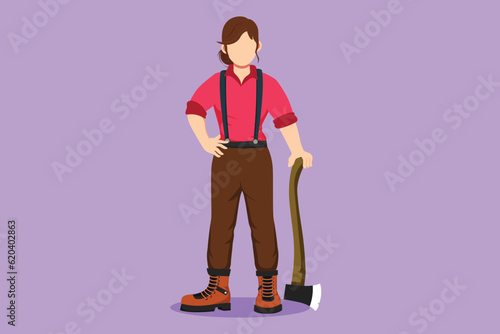 Character flat drawing strong beautiful woman lumberjack with axe standing wearing suspender shirt, jeans and boots. Pretty female woodcutter pose on logging forest. Cartoon design vector illustration