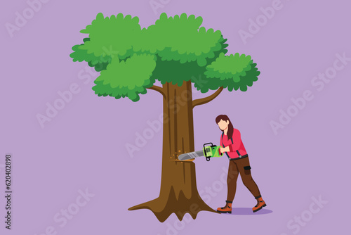 Graphic flat design drawing woman logger sawing log, tree in forest. Wood industry worker with saw in hands. Female lumberjack cut timber wood, woodcutter occupation. Cartoon style vector illustration